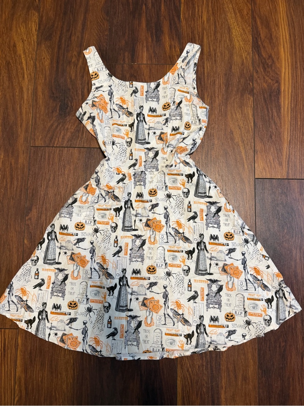 Retrolicious Cream Halloween Print A-Line Dress with Orange & Black Details